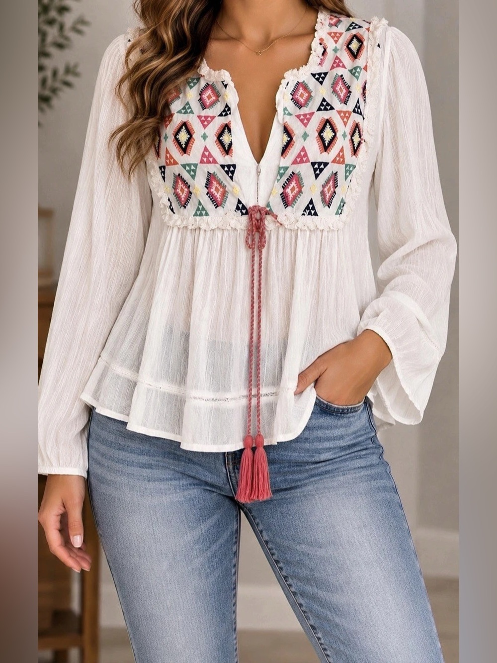 Embroidered Tassel Tie Blouse Women's Tunic White & Pink S